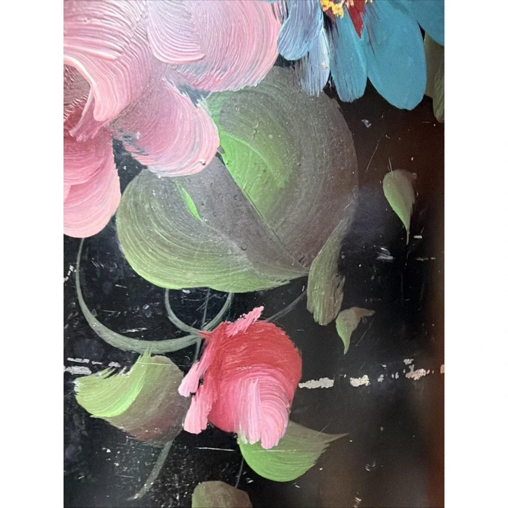 VTG Hand Painted Floral Metal Wastebasket Black Pierced Lattice Toleware Worn!